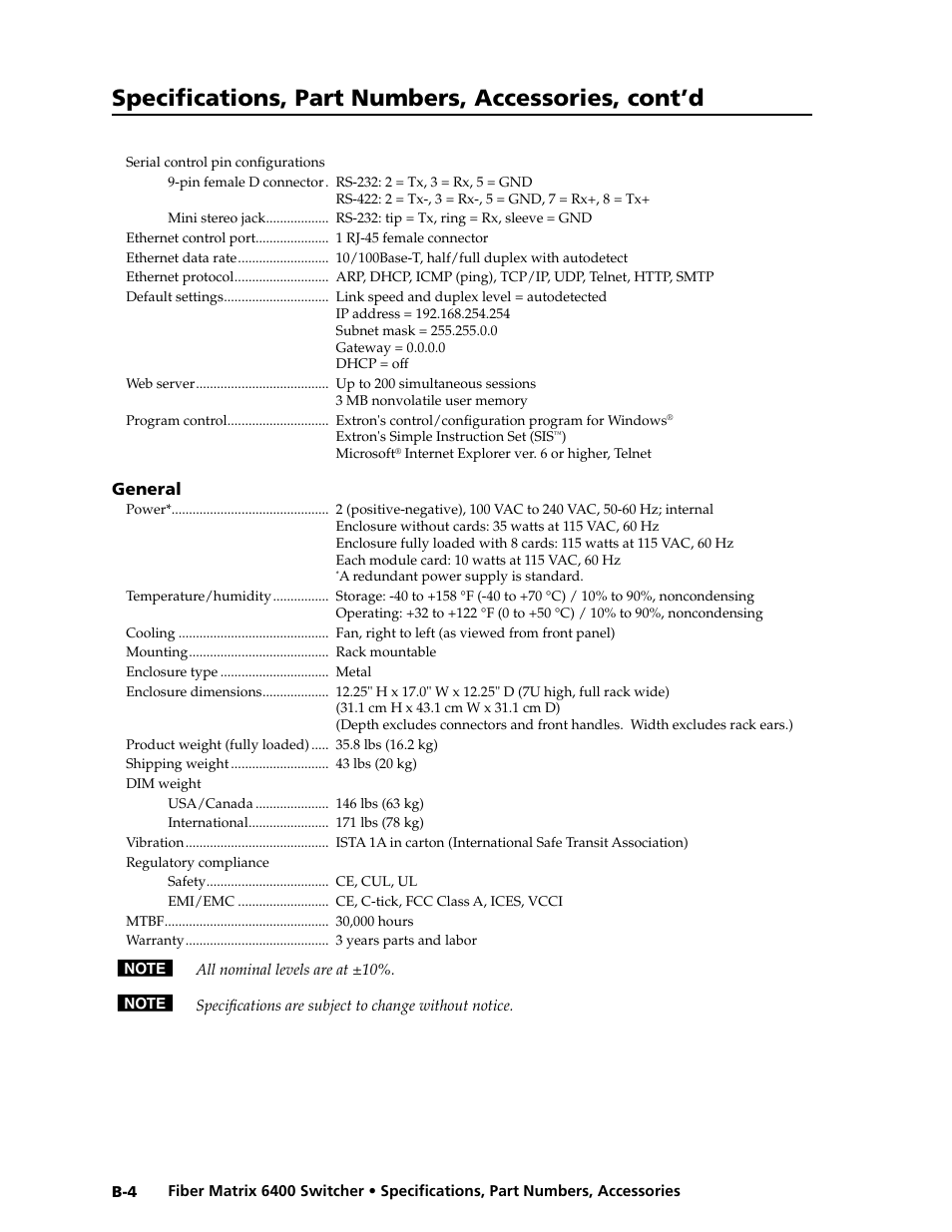 Specifications, part numbers, accessories, cont’d | Extron Electronics Fiber Matrix 6400 User Manual | Page 140 / 144