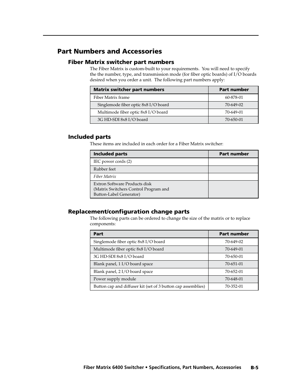 Part numbers and accessories, Fiber matrix switcher part numbers, Included parts | Replacement/configuration change parts | Extron Electronics Fiber Matrix 6400 User Manual | Page 141 / 144