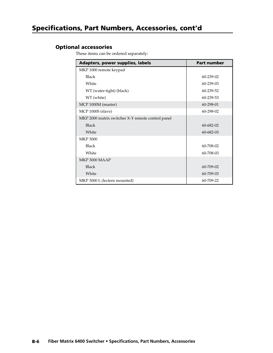 Optional accessories, Specifications, part numbers, accessories, cont’d | Extron Electronics Fiber Matrix 6400 User Manual | Page 142 / 144