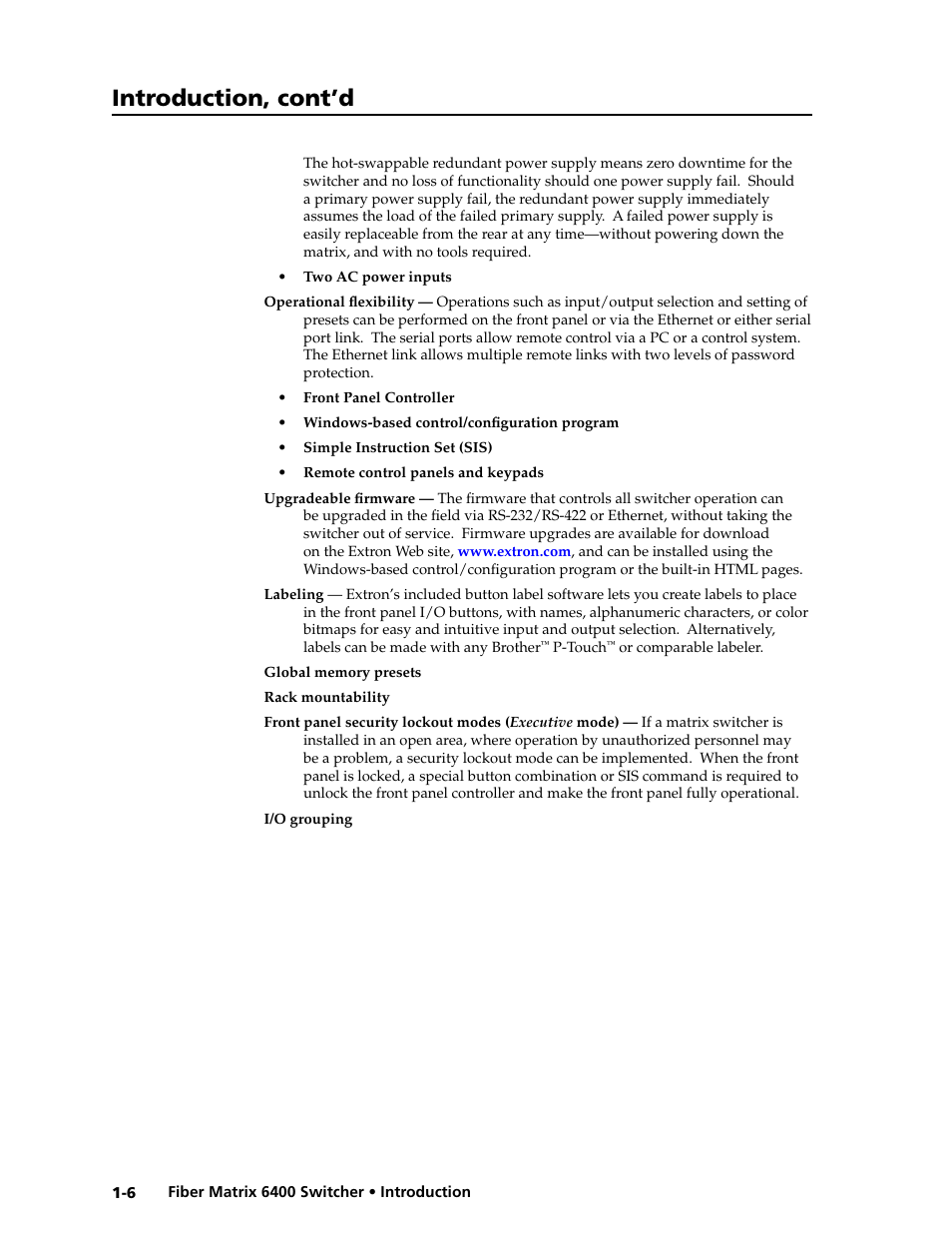 Introduction, cont’d | Extron Electronics Fiber Matrix 6400 User Manual | Page 16 / 144