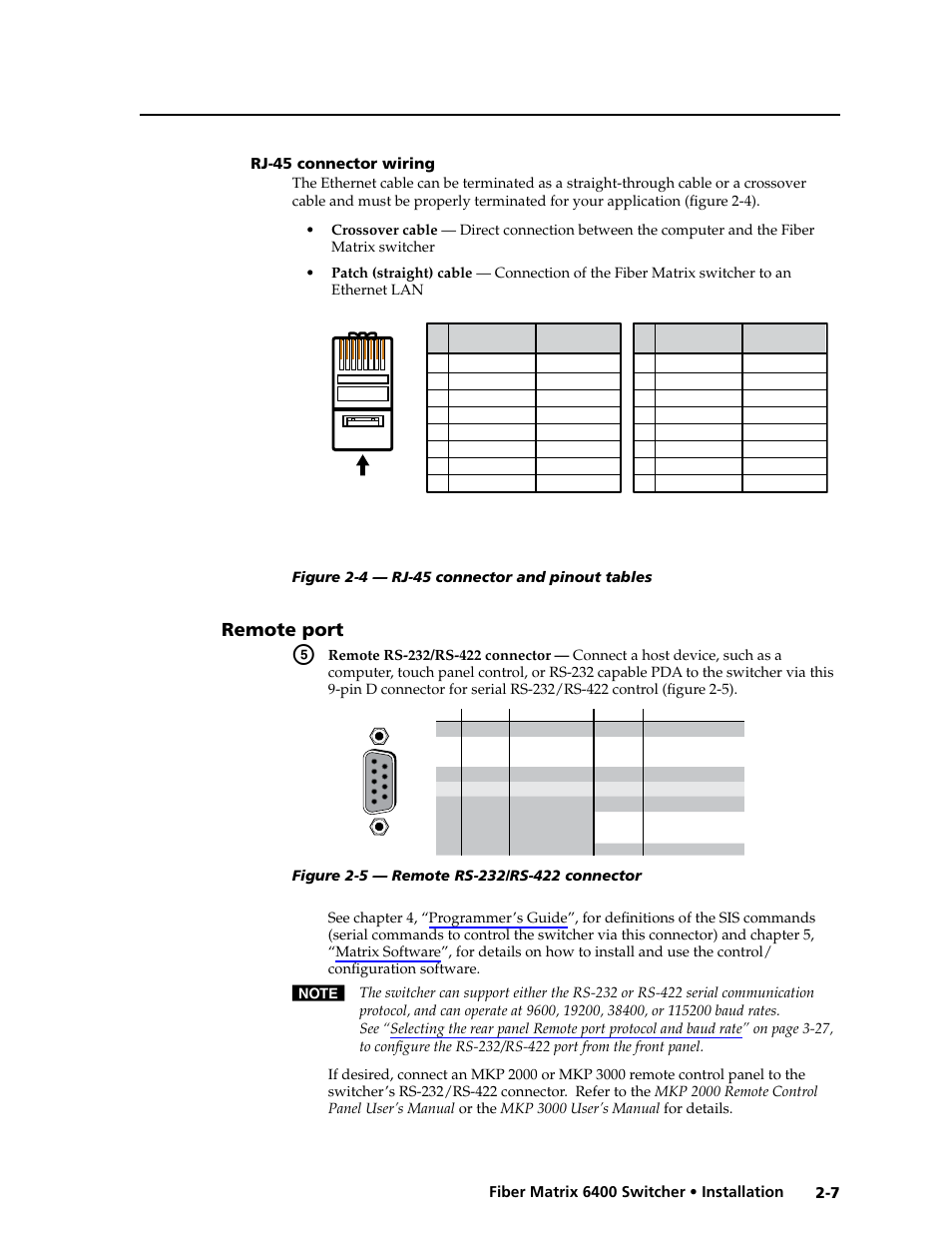 Rj-45 connector wiring, Remote port, Rj-45 connector wiring -7 | Remote port -7 | Extron Electronics Fiber Matrix 6400 User Manual | Page 23 / 144