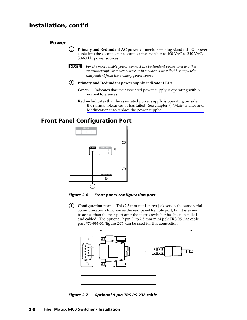 Power, Front panel configuration port, Power -8 | Installation, cont’d | Extron Electronics Fiber Matrix 6400 User Manual | Page 24 / 144