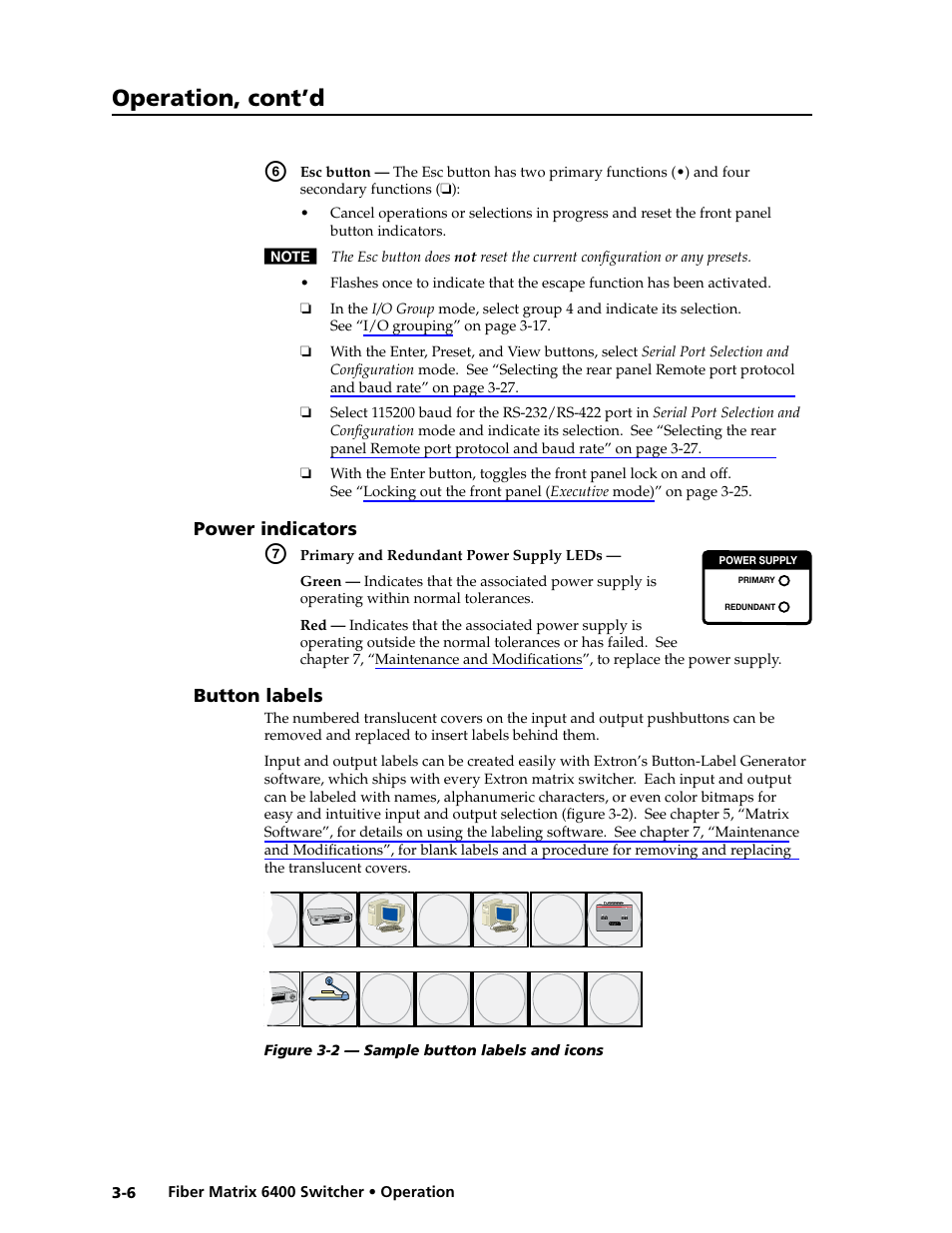 Power indicators, Button labels, Power indicators -6 button labels -6 | Operation, cont’d | Extron Electronics Fiber Matrix 6400 User Manual | Page 32 / 144