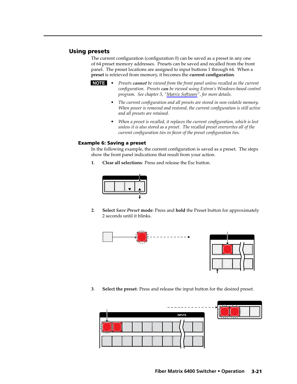 Using presets, Example 6: saving a preset, Using presets -21 | Example 6: saving a preset -21, Presets, Saving a preset | Extron Electronics Fiber Matrix 6400 User Manual | Page 47 / 144