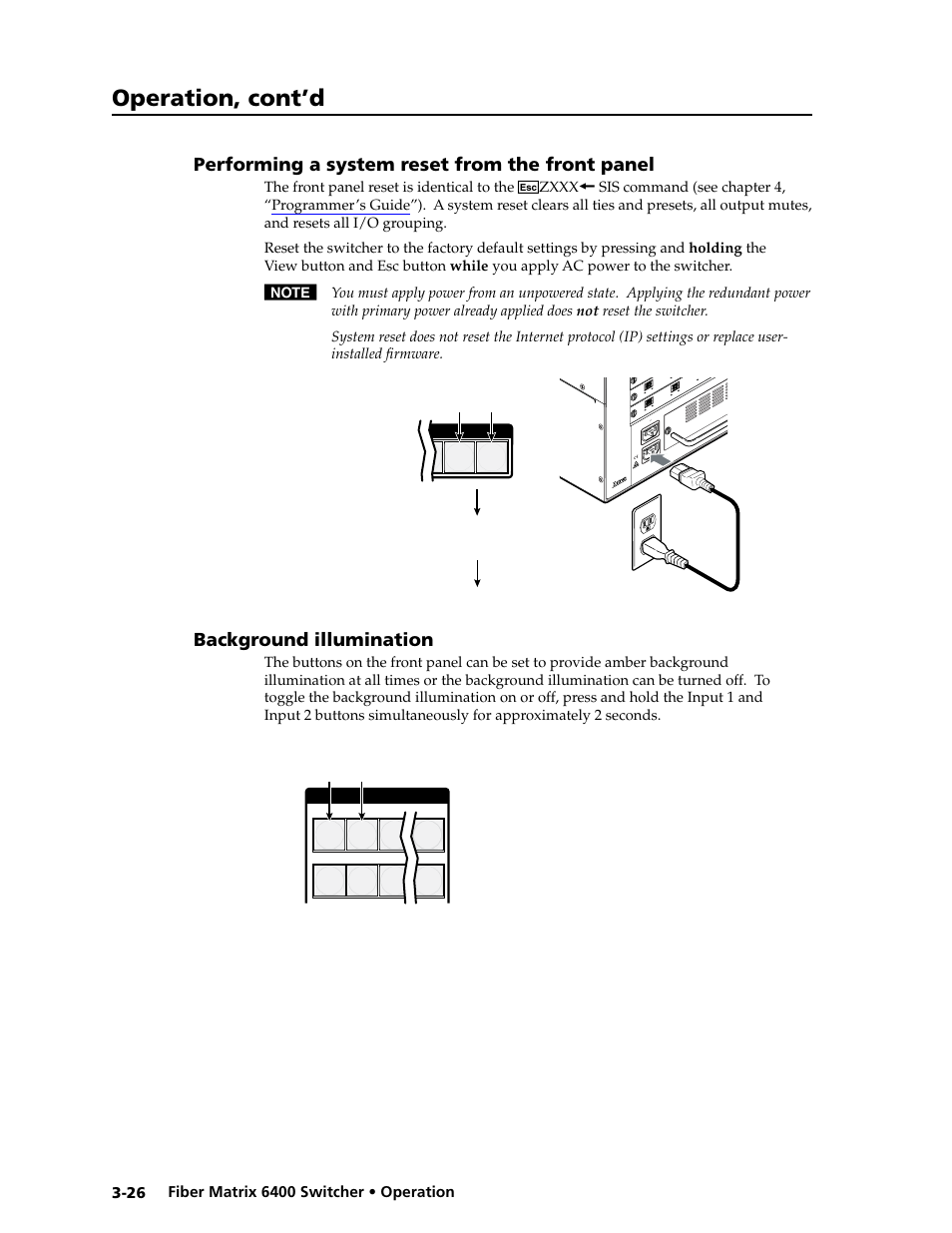 Performing a system reset from the front panel, Background illumination, F (see “background illumination”, on | Background, Illumination, F. see “background illumination, Performing front panel resets, Operation, cont’d, Power | Extron Electronics Fiber Matrix 6400 User Manual | Page 52 / 144
