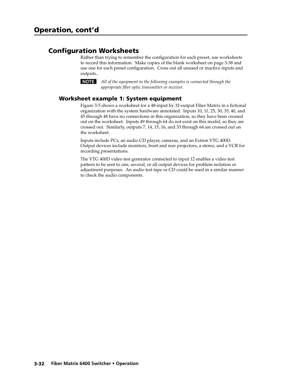Configuration worksheets, Worksheet example 1: system equipment, Worksheet example 1: system equipment -32 | Operation, cont’d | Extron Electronics Fiber Matrix 6400 User Manual | Page 58 / 144