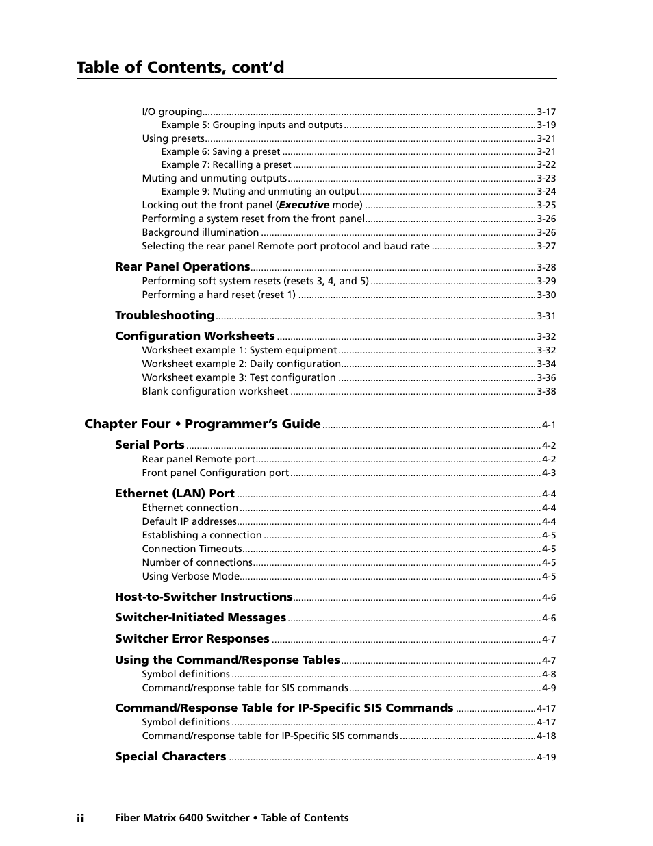 Table of contents, cont’d | Extron Electronics Fiber Matrix 6400 User Manual | Page 6 / 144