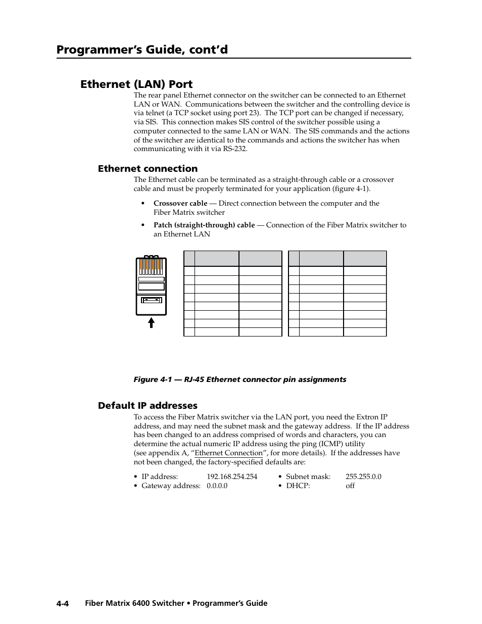 Ethernet (lan) port, Ethernet connection, Default ip addresses | Ethernet connection -4 default ip addresses -4, Programmer’s guide, cont’d | Extron Electronics Fiber Matrix 6400 User Manual | Page 68 / 144
