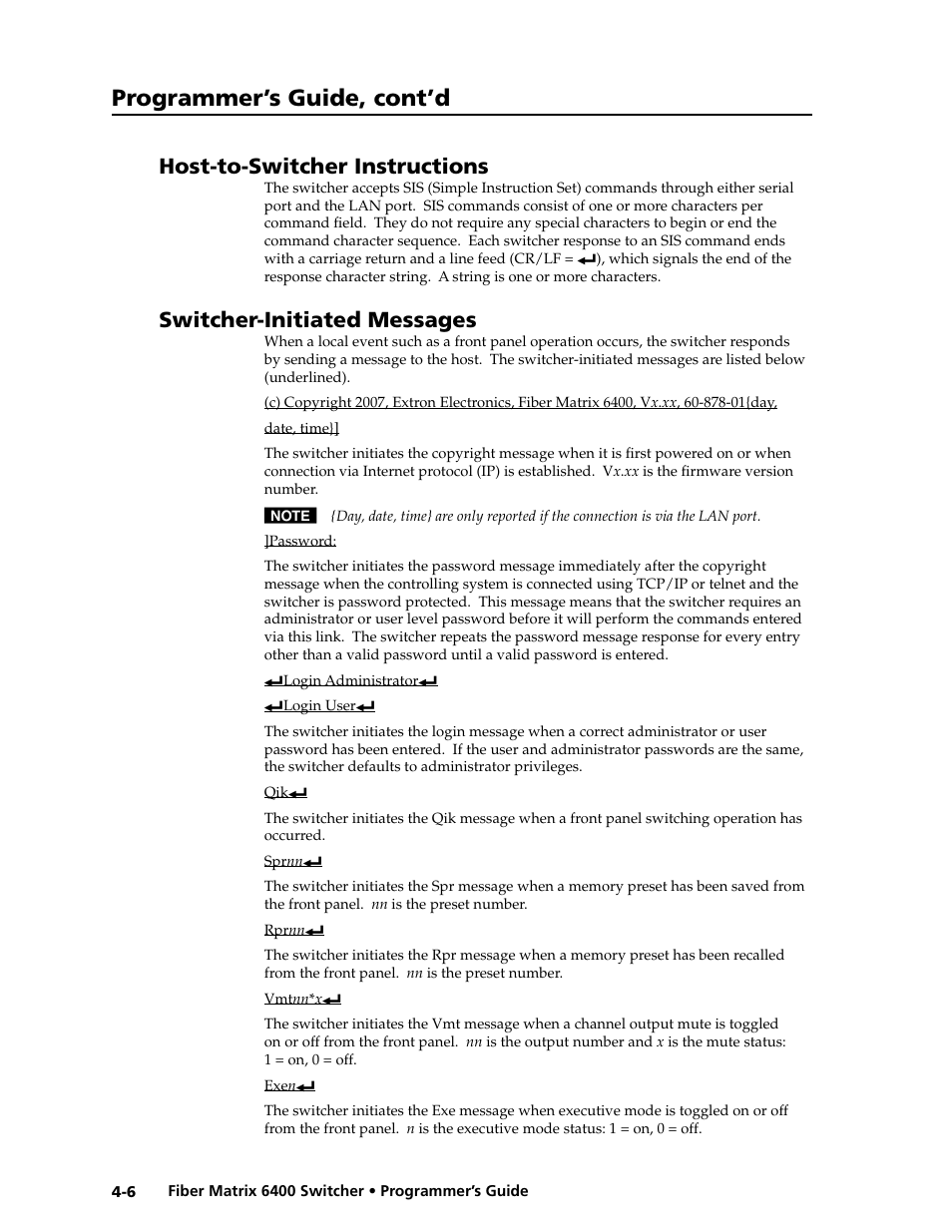 Host-to-switcher instructions, Switcher-initiated messages, Programmer’s guide, cont’d | Extron Electronics Fiber Matrix 6400 User Manual | Page 70 / 144