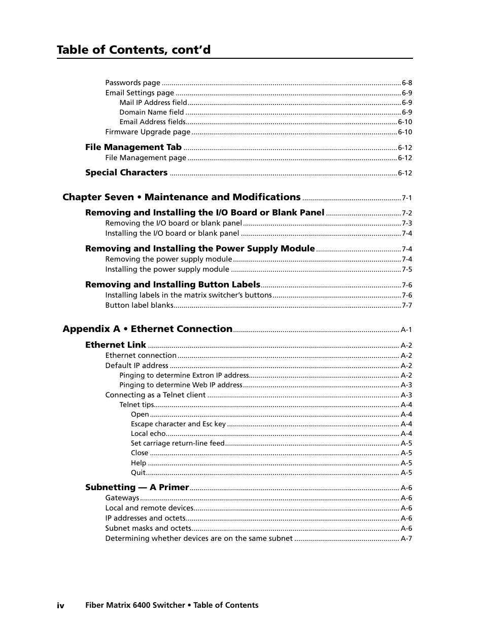 Table of contents, cont’d | Extron Electronics Fiber Matrix 6400 User Manual | Page 8 / 144