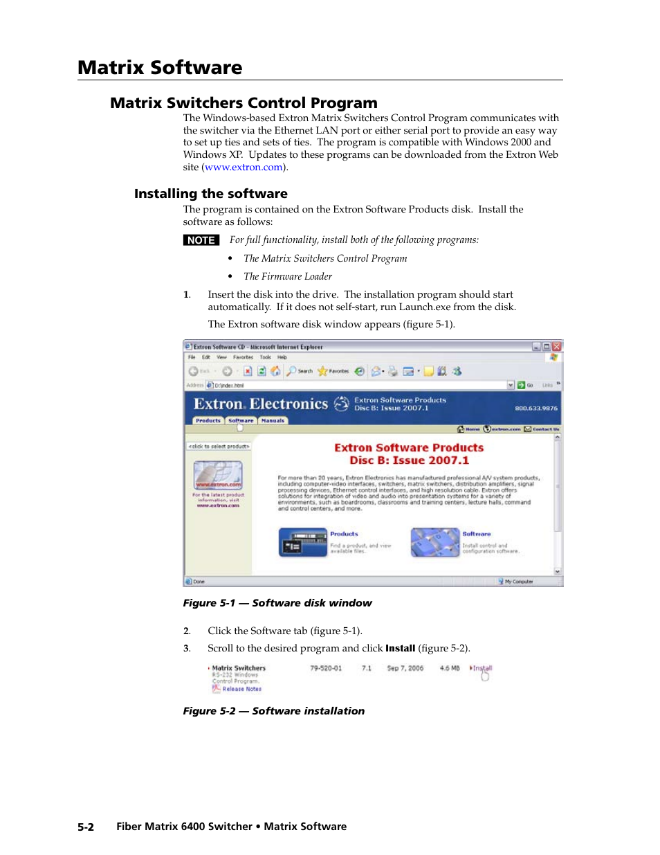 Matrix switchers control program, Installing the software, Installing the software -2 | Matrix software | Extron Electronics Fiber Matrix 6400 User Manual | Page 86 / 144