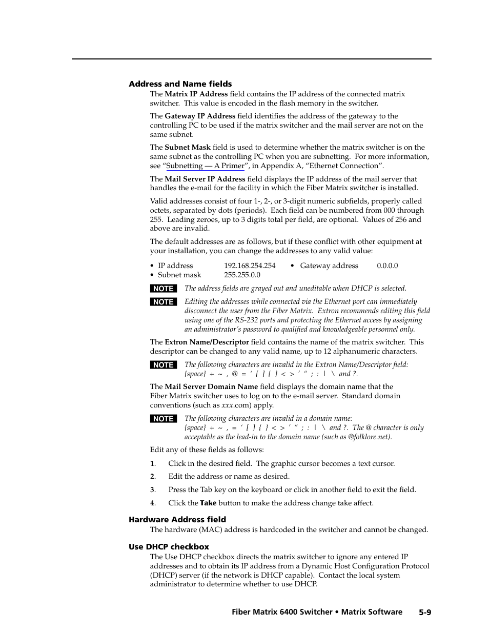 Address and name fields, Hardware address field, Use dhcp checkbox | Extron Electronics Fiber Matrix 6400 User Manual | Page 93 / 144