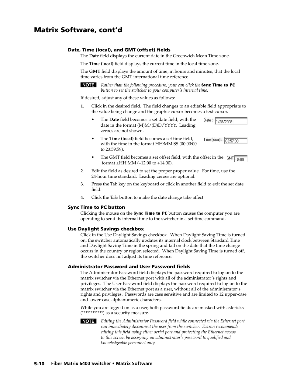 Date, time (local), and gmt (offset) fields, Sync time to pc button, Use daylight savings checkbox | Administrator password and user password fields, Matrix software, cont’d | Extron Electronics Fiber Matrix 6400 User Manual | Page 94 / 144