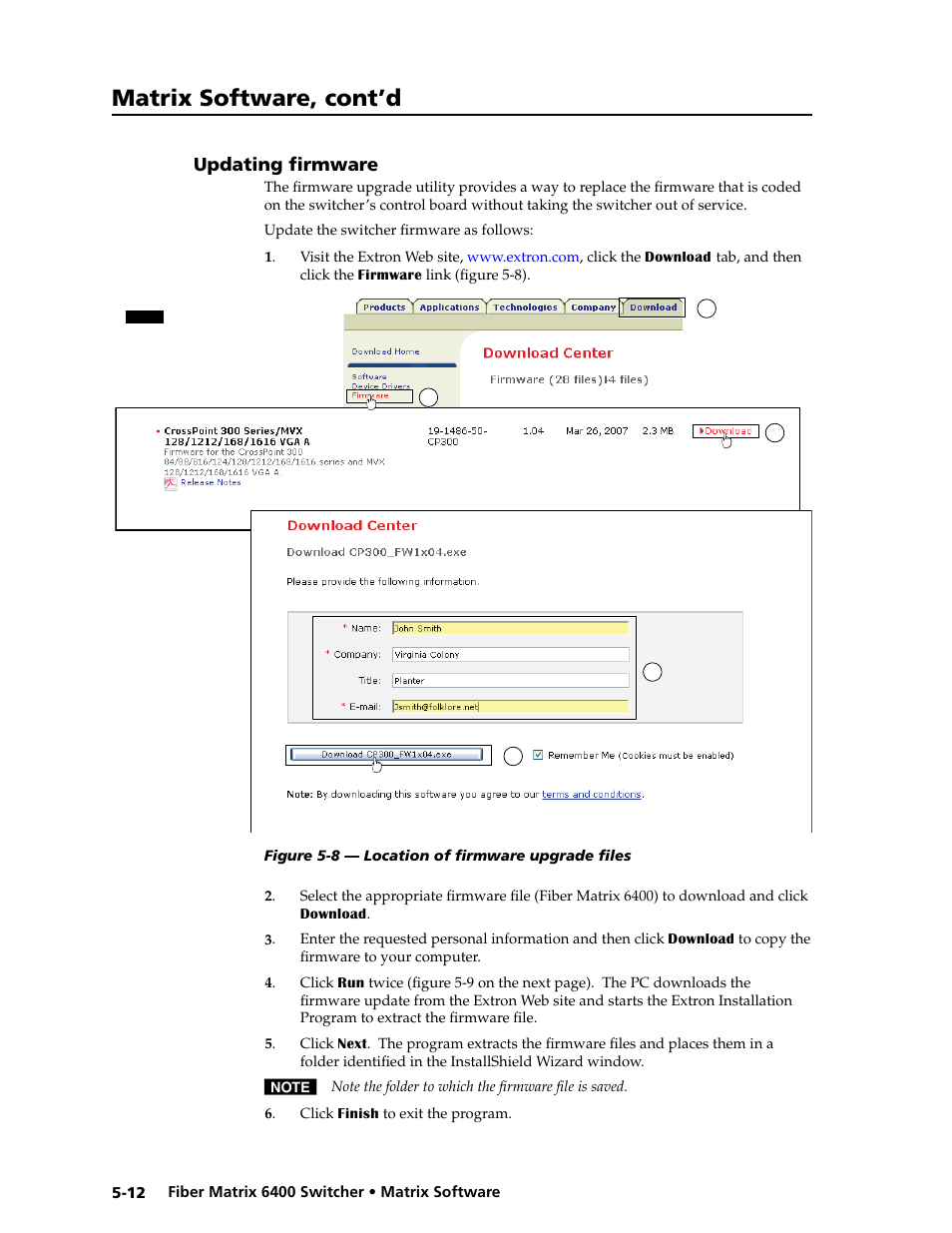 Updating firmware, Updating firmware -12, Matrix software, cont’d | Extron Electronics Fiber Matrix 6400 User Manual | Page 96 / 144