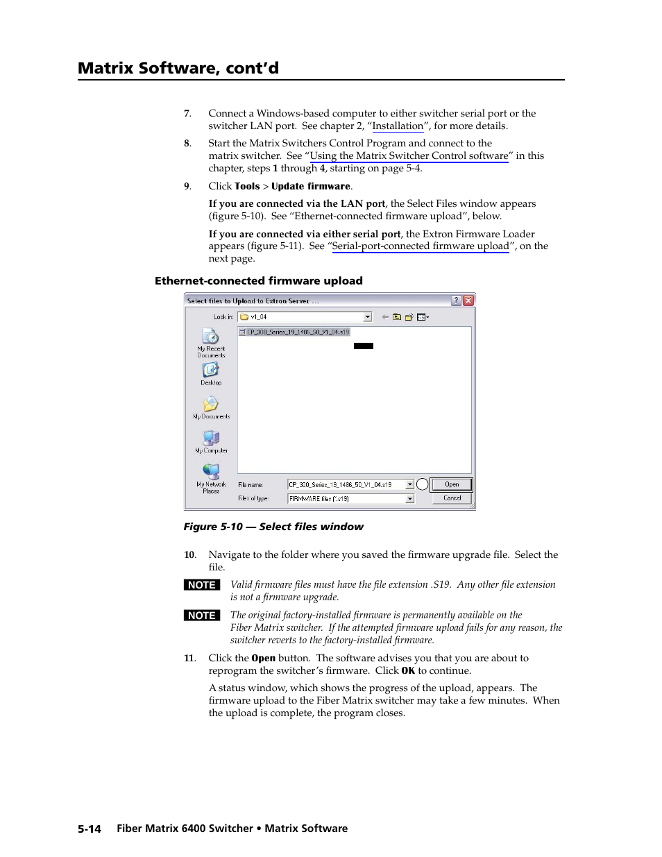 Ethernet-connected firmware upload, Ethernet-connected firmware upload -14, Matrix software, cont’d | Extron Electronics Fiber Matrix 6400 User Manual | Page 98 / 144