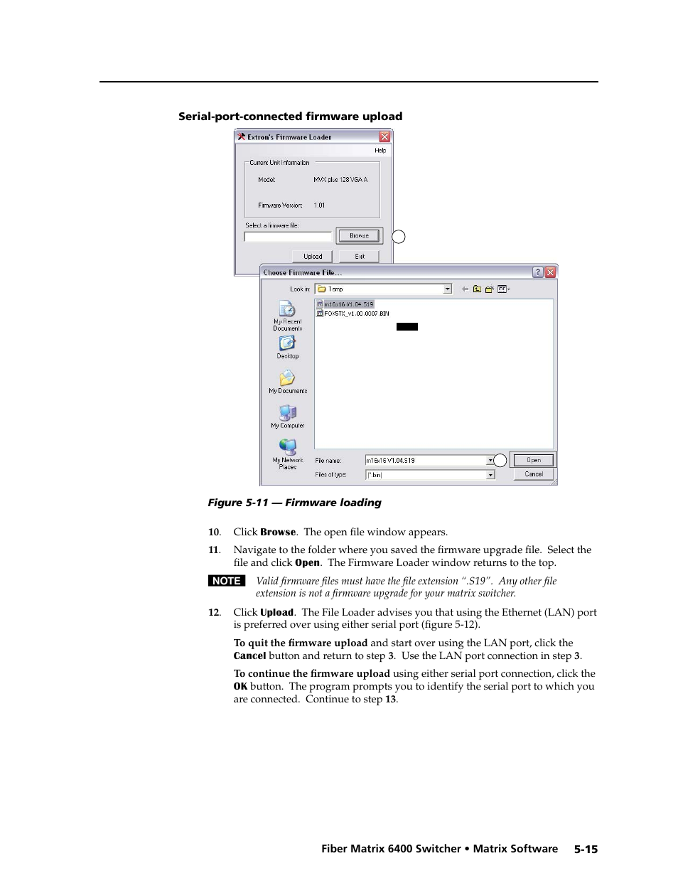 Serial-port-connected firmware upload, Serial-port-connected firmware upload -15 | Extron Electronics Fiber Matrix 6400 User Manual | Page 99 / 144