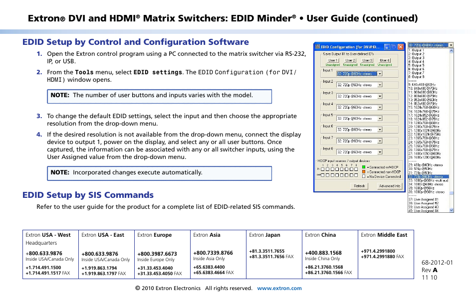 Edid setup by control and configuration software, Edid setup by sis commands, Extron contact information | Extron, Dvi and hdmi, Matrix switchers: edid minder, User guide (continued) | Extron Electronics EDID Minder User Manual | Page 2 / 2