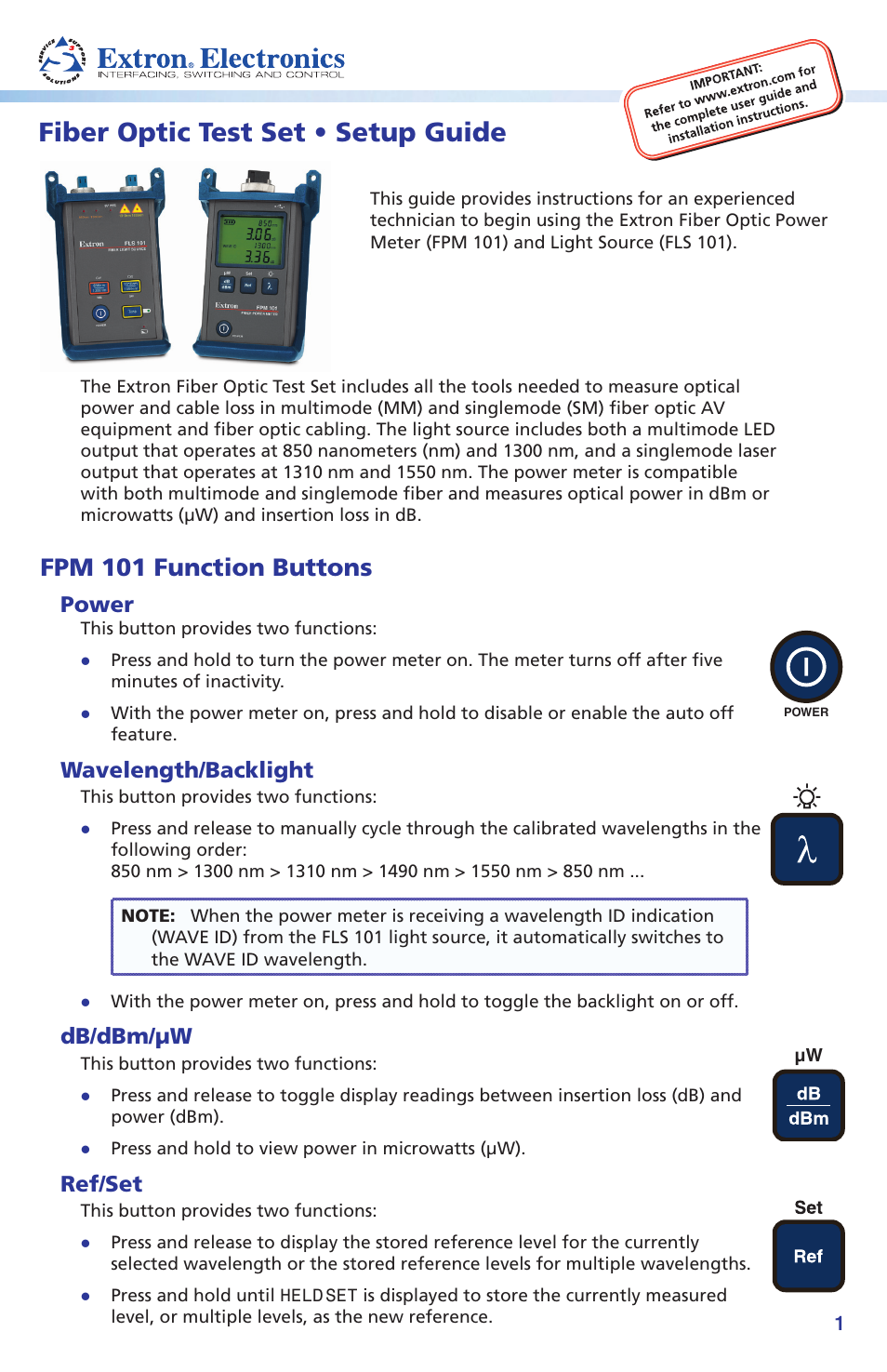 Extron Electronics Fiber Optic Test Set Setup Guide User Manual | 8 pages