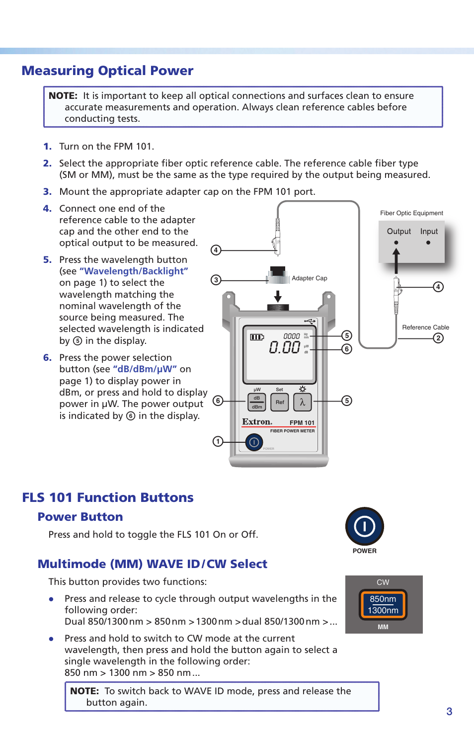 Fls 101 function buttons, Measuring optical power, Power button | Multimode (mm) wave id / cw select | Extron Electronics Fiber Optic Test Set Setup Guide User Manual | Page 3 / 8