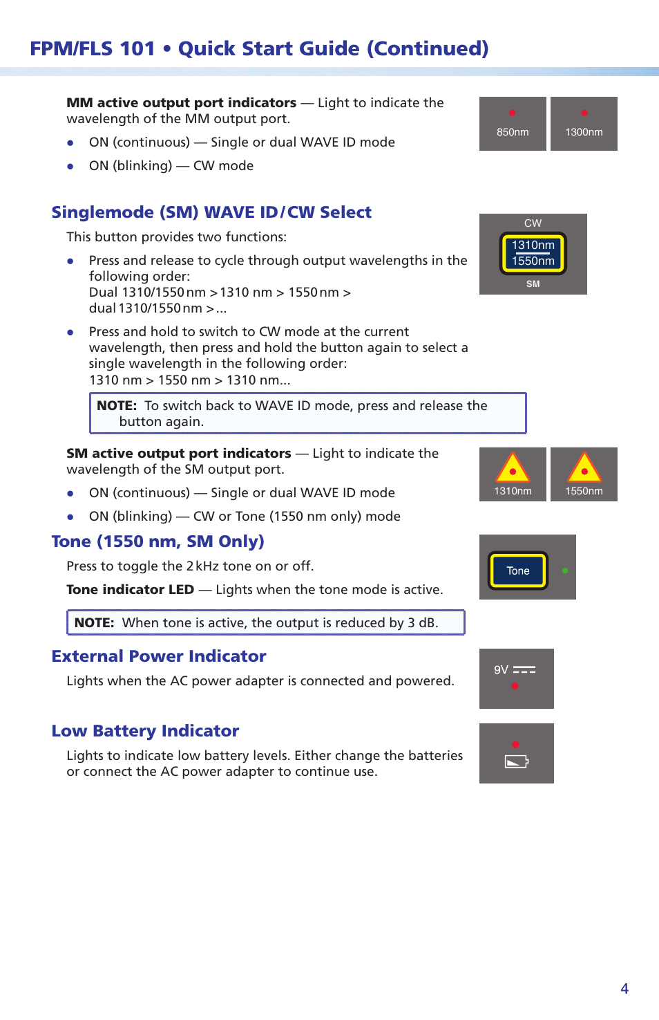 Fpm/fls 101 • quick start guide (continued), Singlemode (sm) wave id / cw select, Tone (1550 nm, sm only) | External power indicator, Low battery indicator | Extron Electronics Fiber Optic Test Set Setup Guide User Manual | Page 4 / 8