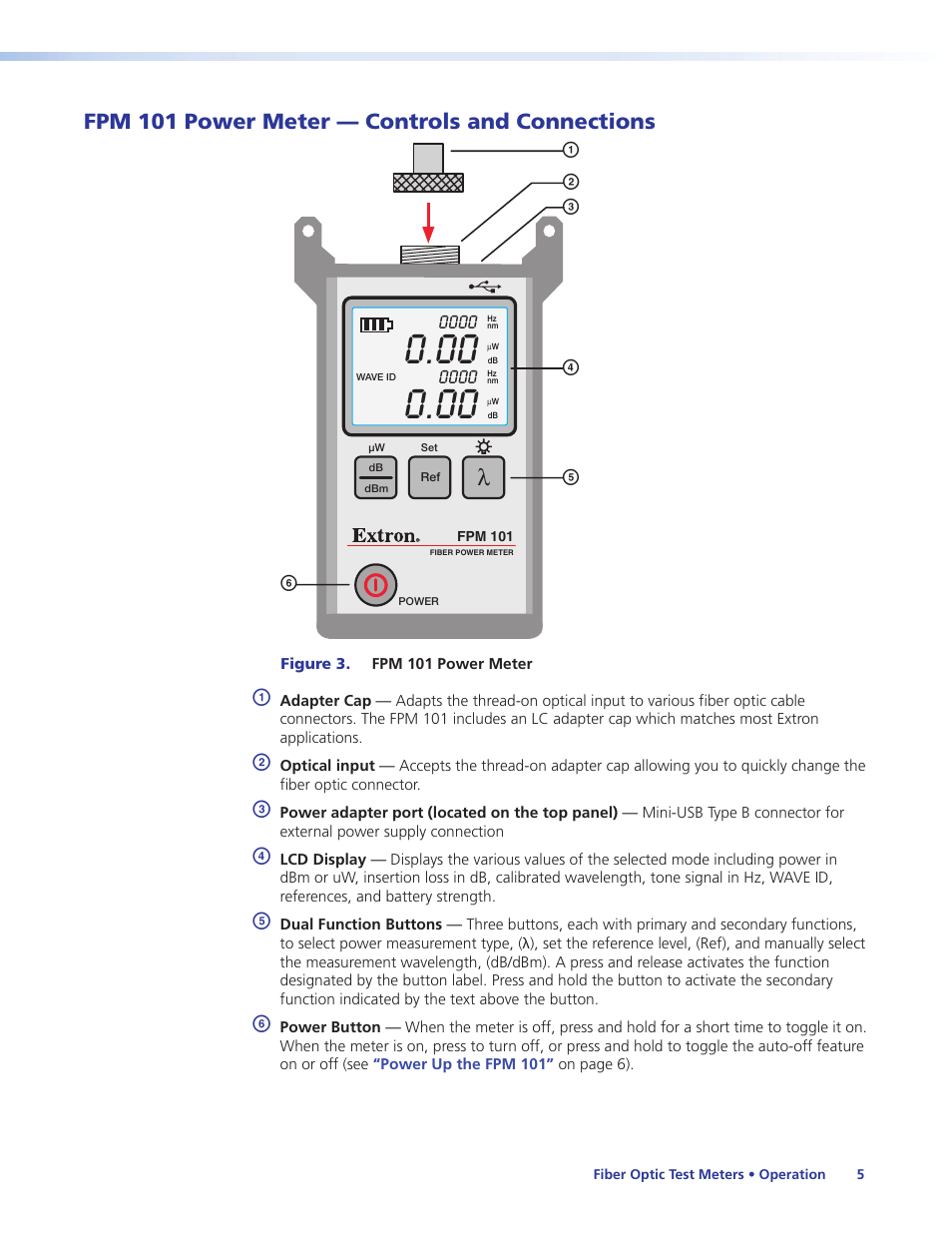 Fpm 101 power meter — controls and connections, Power up the fpm 101, Wavelength/backlight button | Extron Electronics FLS 101 User Guide User Manual | Page 11 / 30