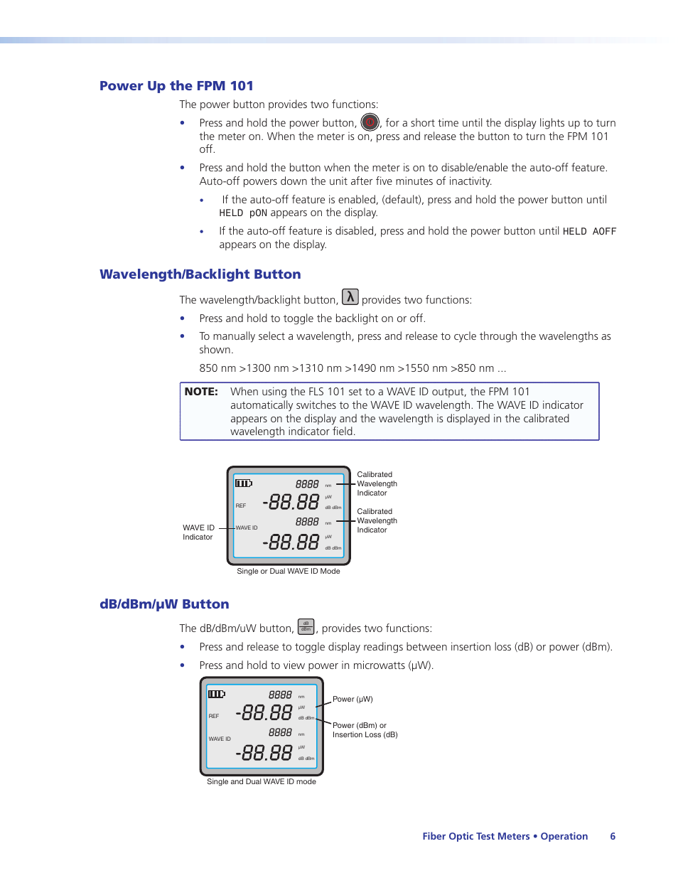 Power up the fpm 101, Wavelength/backlight button, Db/dbm/μw button | Appears on the display, The wavelength/backlight button, The db/dbm/uw button | Extron Electronics FLS 101 User Guide User Manual | Page 12 / 30