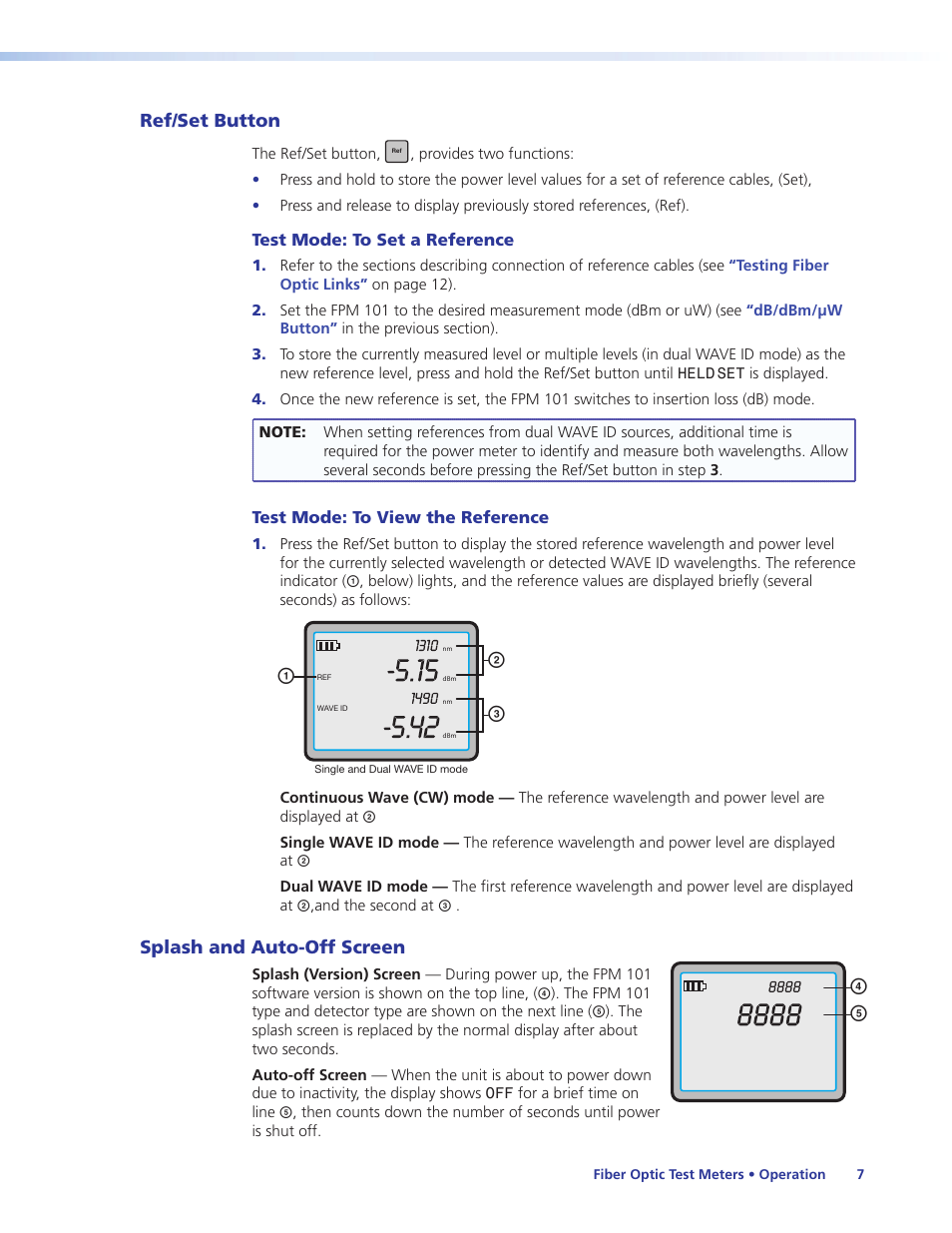 Ref/set button, Splash and auto-off screen, Display readings in test mode | Fls 101 light source — controls and, De c, Test mode: to set a reference, Test mode: to view the reference | Extron Electronics FLS 101 User Guide User Manual | Page 13 / 30