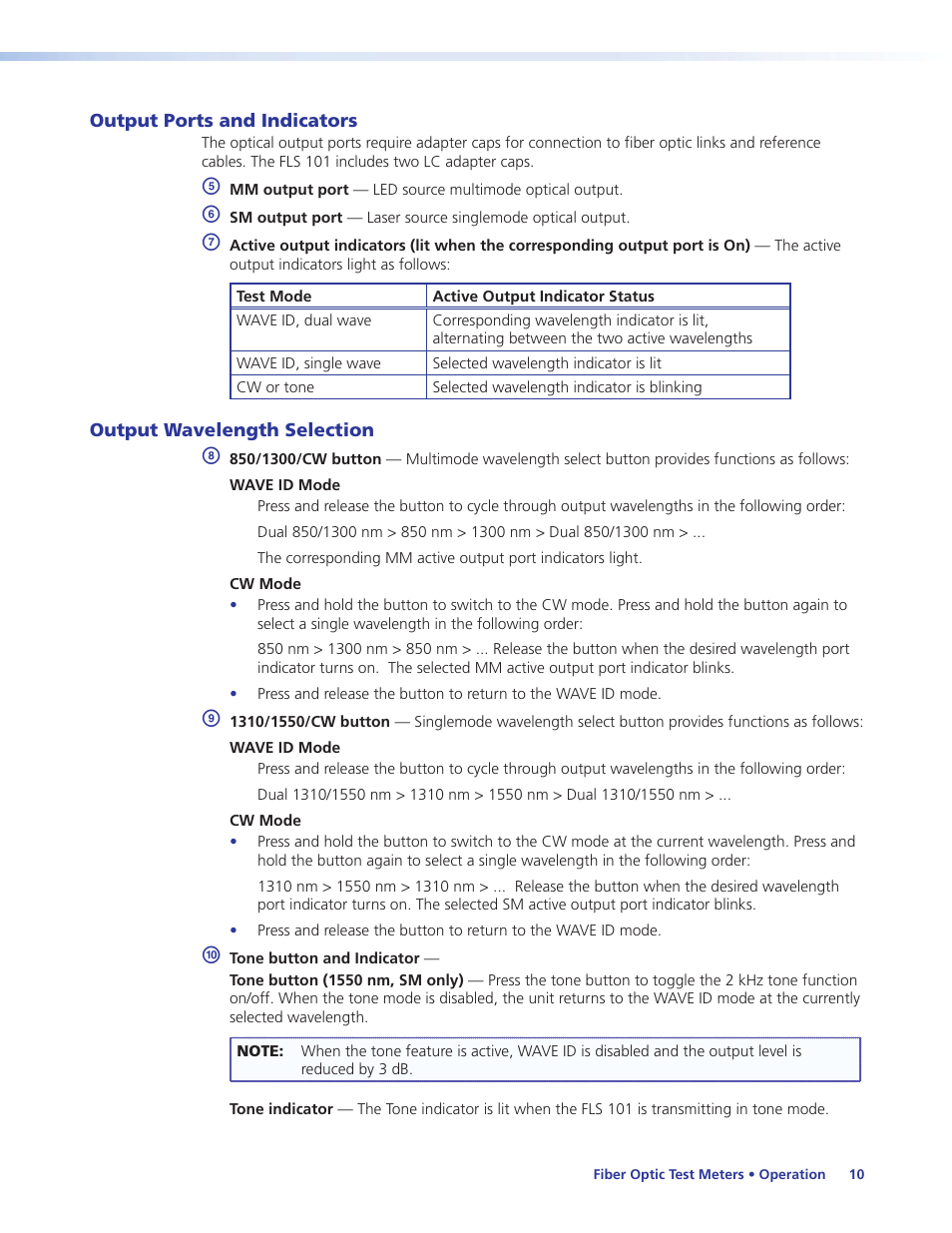 Output ports and indicators, Output wavelength selection, Measuring optical power | To measure optical power | Extron Electronics FLS 101 User Guide User Manual | Page 16 / 30