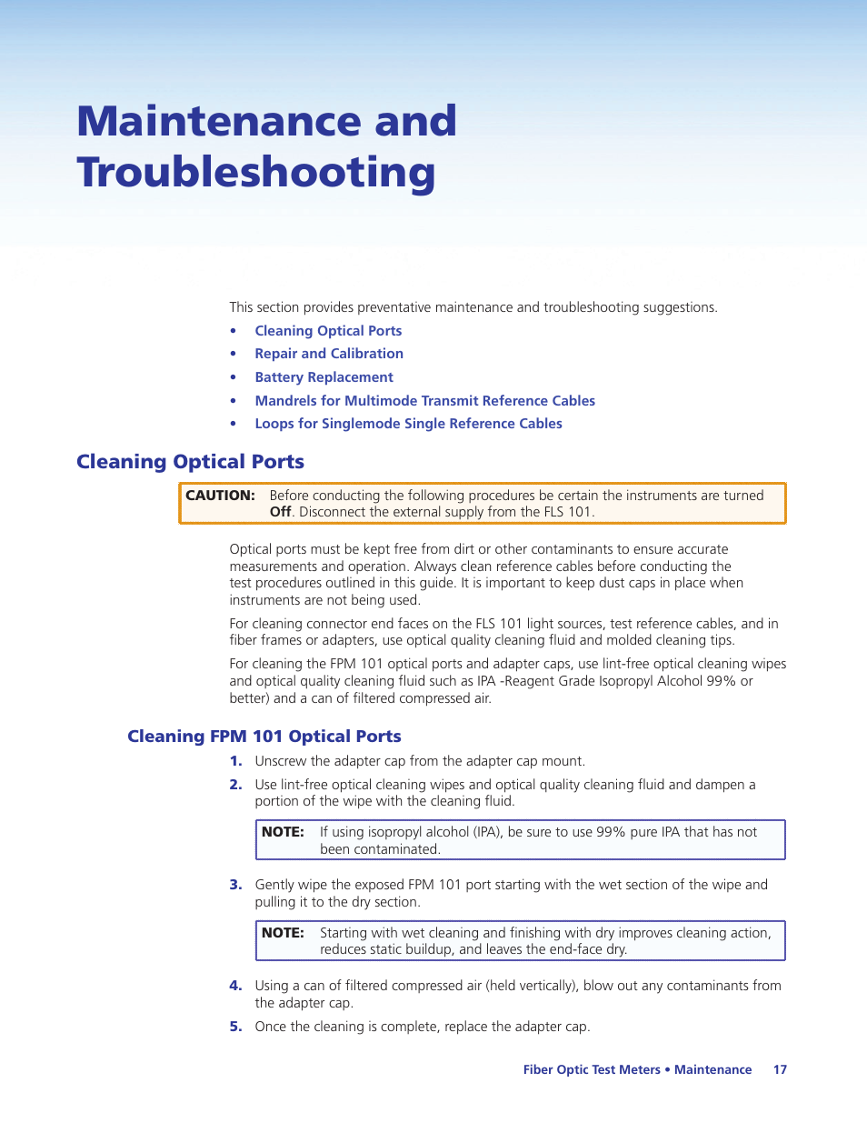 Maintenance and troubleshooting, Cleaning optical ports, Cleaning fpm 101 optical ports | Repair and calibration, Cleaning optical, Ports | Extron Electronics FLS 101 User Guide User Manual | Page 23 / 30