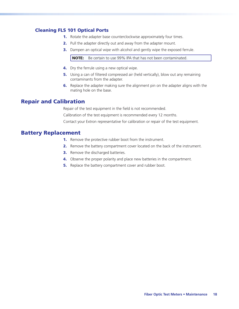 Cleaning fls 101 optical ports, Repair and calibration, Battery replacement | Cables | Extron Electronics FLS 101 User Guide User Manual | Page 24 / 30