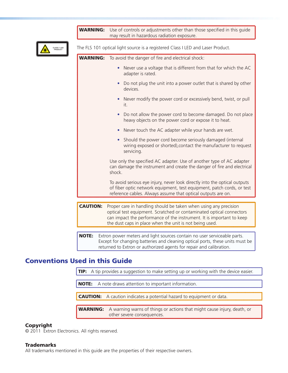 Copyright, and trademark information, Conventions used in this guide, Copyright, and trademark infor- mation | Extron Electronics FLS 101 User Guide User Manual | Page 3 / 30