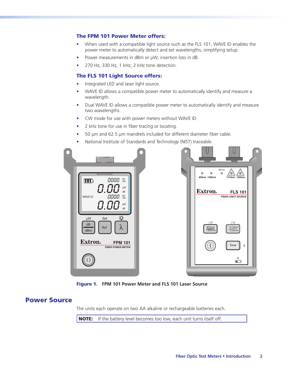Power source, Accessories, The fpm 101 power meter offers | The fls 101 light source offers | Extron Electronics FLS 101 User Guide User Manual | Page 8 / 30