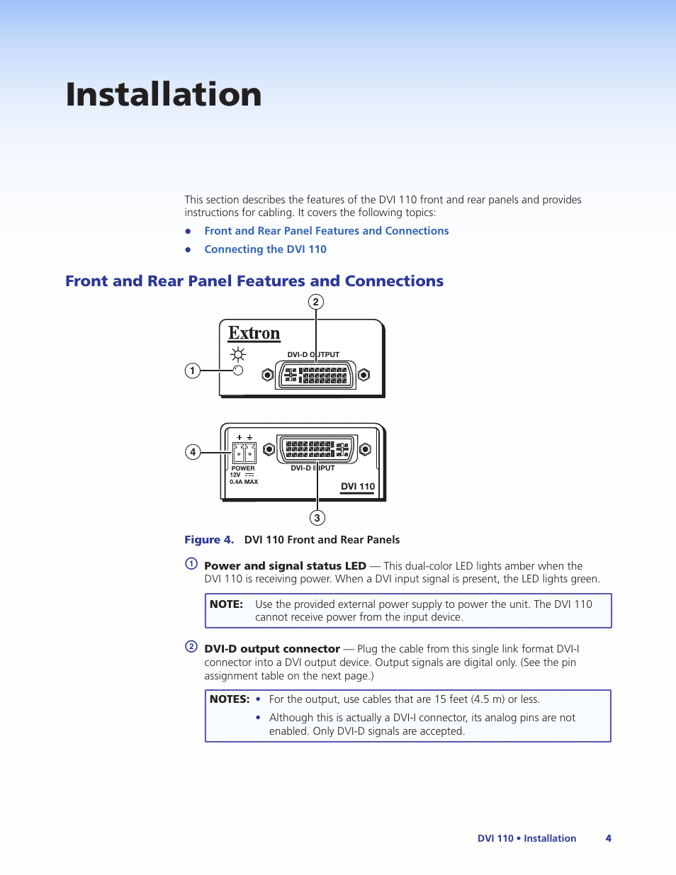 Installation, Front and rear panel features and connections | Extron Electronics DVI 110 User Guide User Manual | Page 10 / 19
