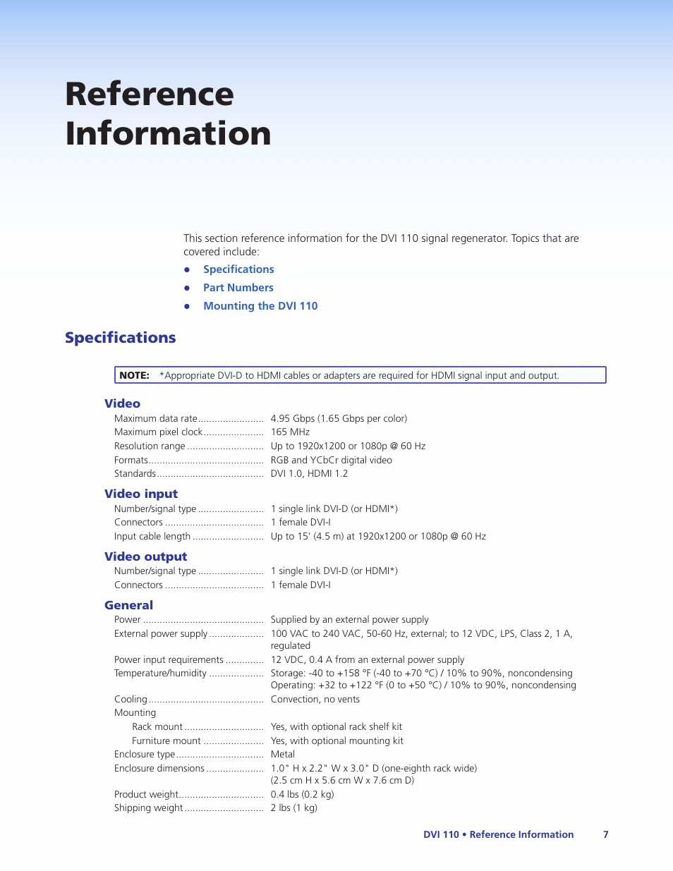 Reference information, Specifications | Extron Electronics DVI 110 User Guide User Manual | Page 13 / 19