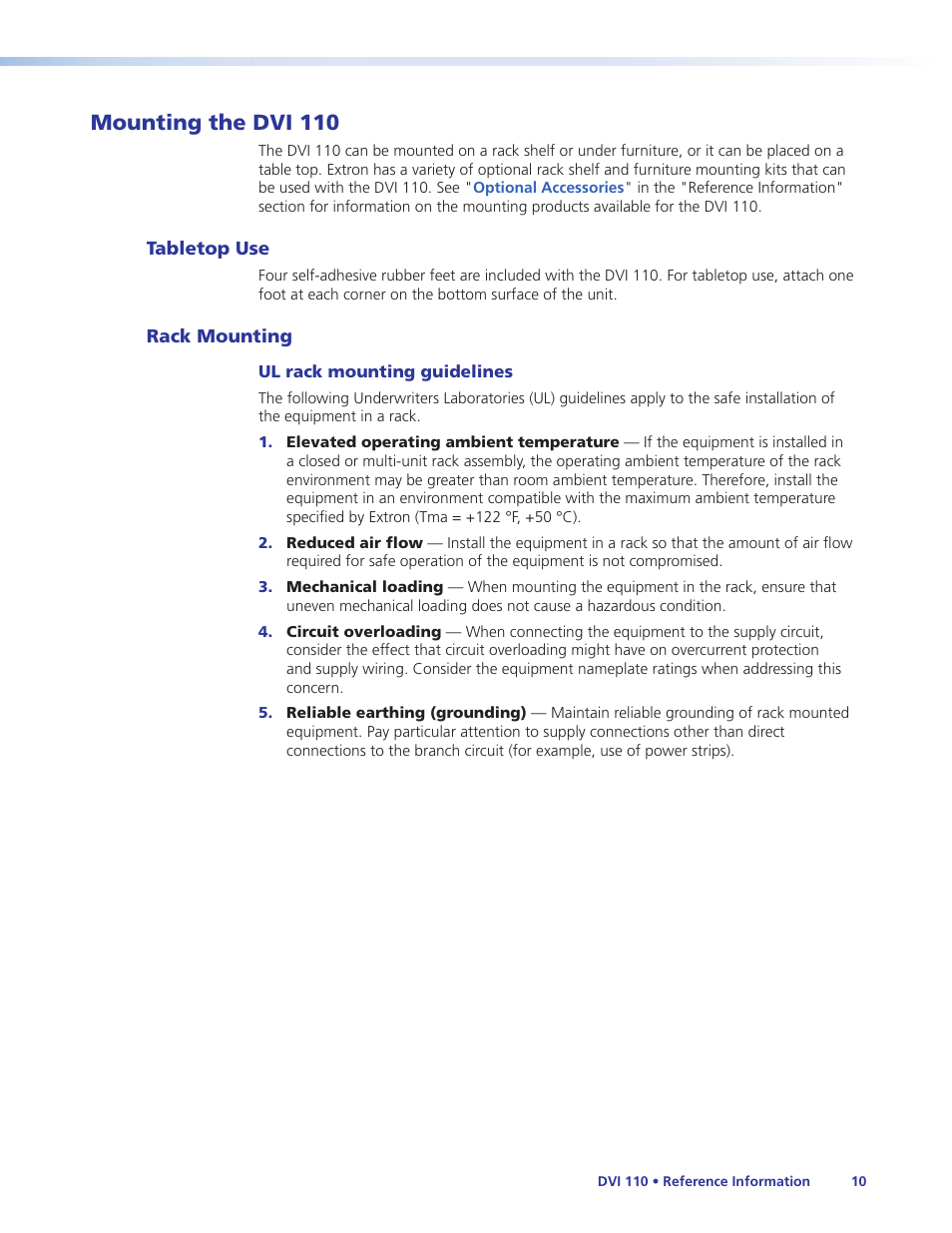 Mounting the dvi 110, Tabletop use, Rack mounting | Tabletop use rack mounting | Extron Electronics DVI 110 User Guide User Manual | Page 16 / 19