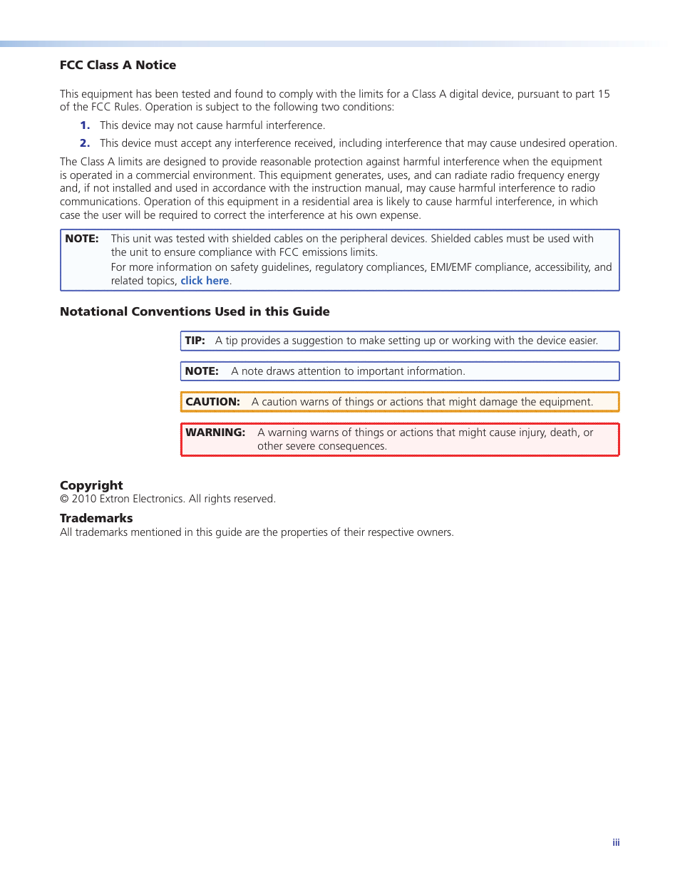 Fcc, copyright, and trademark information | Extron Electronics DVI 110 User Guide User Manual | Page 3 / 19