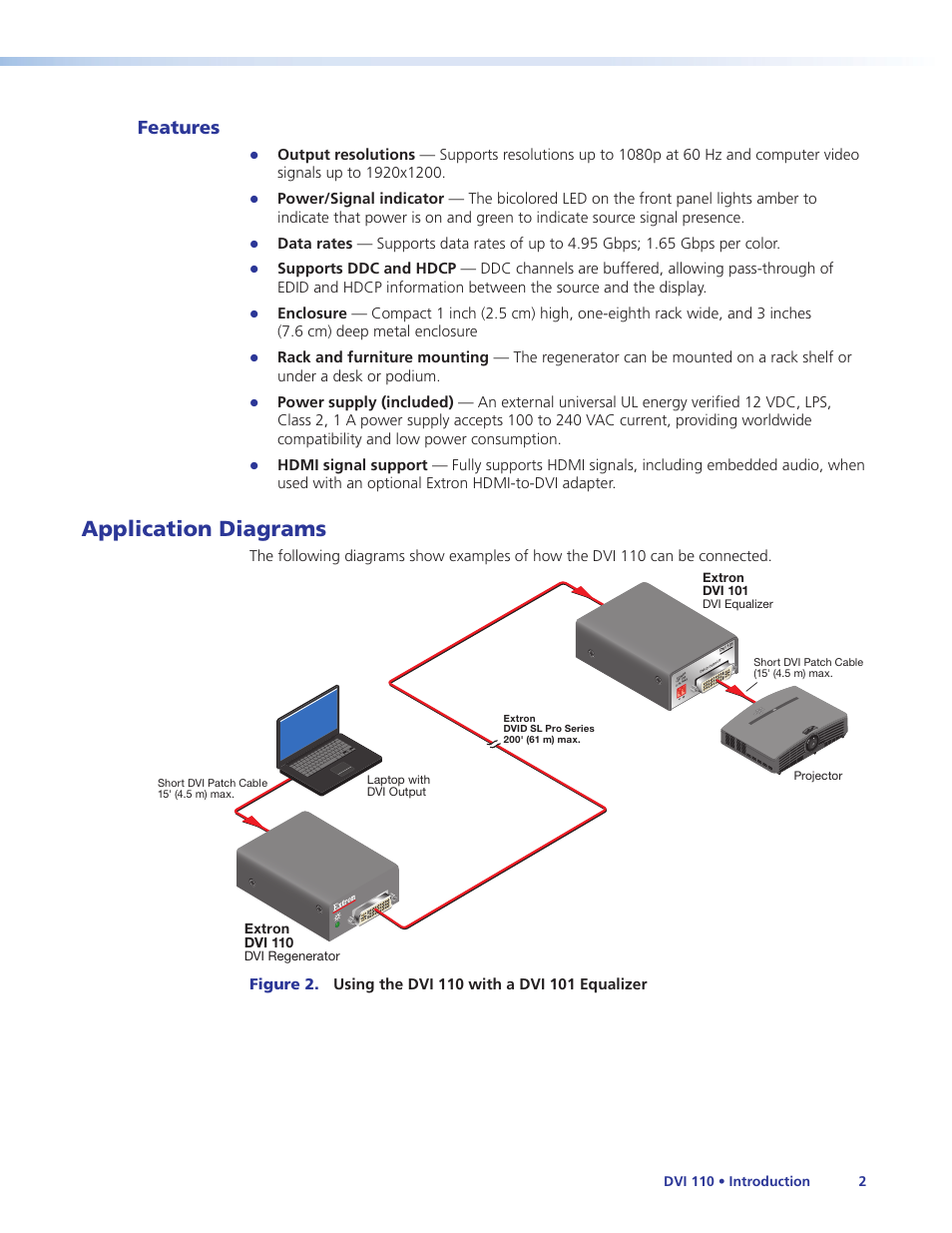 Features, Application diagrams | Extron Electronics DVI 110 User Guide User Manual | Page 8 / 19