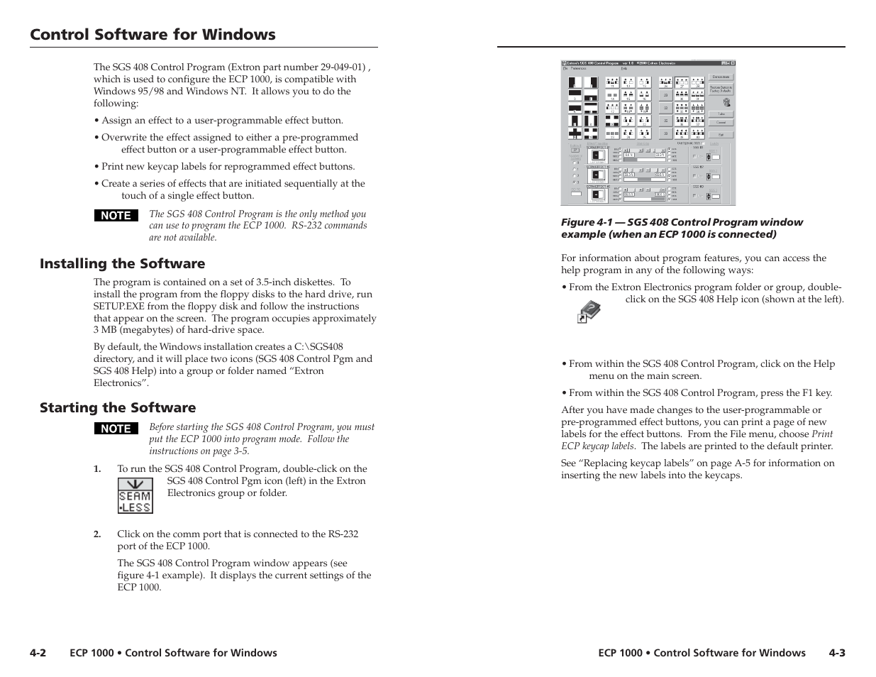Control software for windows, Control software for windows, cont’d, Installing the software | Starting the software | Extron Electronics ECP 1000 User Manual | Page 13 / 18