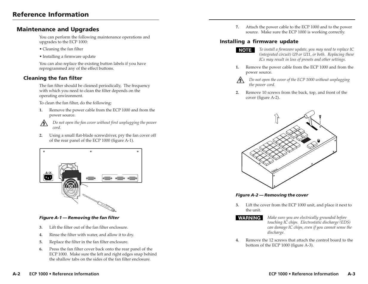 Reference information, Reference information, cont’d, Maintenance and upgrades | Sc re en ad ju st, Cleaning the fan filter, Installing a firmware update | Extron Electronics ECP 1000 User Manual | Page 15 / 18