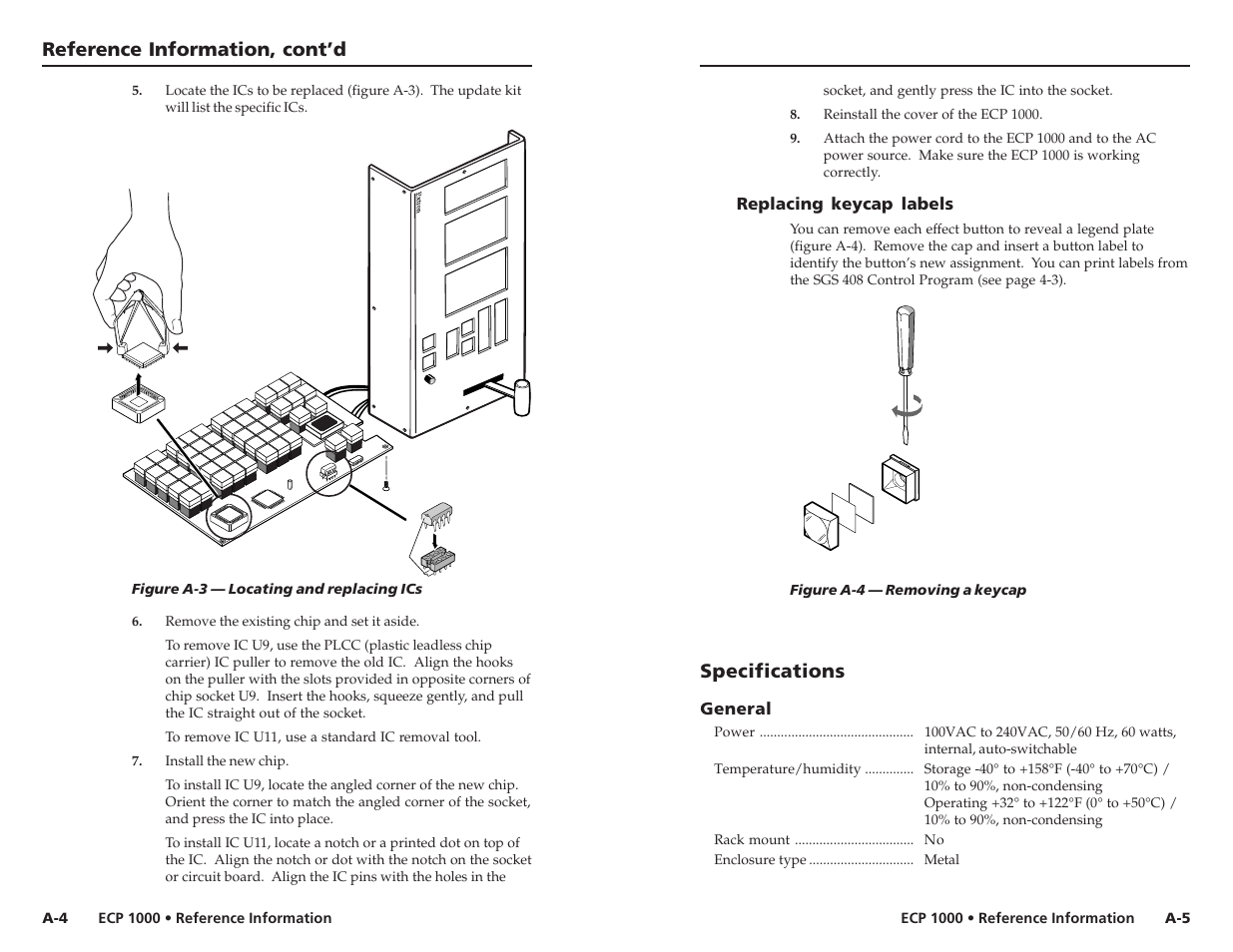 Reference information, cont’d, Specifications, Replacing keycap labels | General | Extron Electronics ECP 1000 User Manual | Page 16 / 18