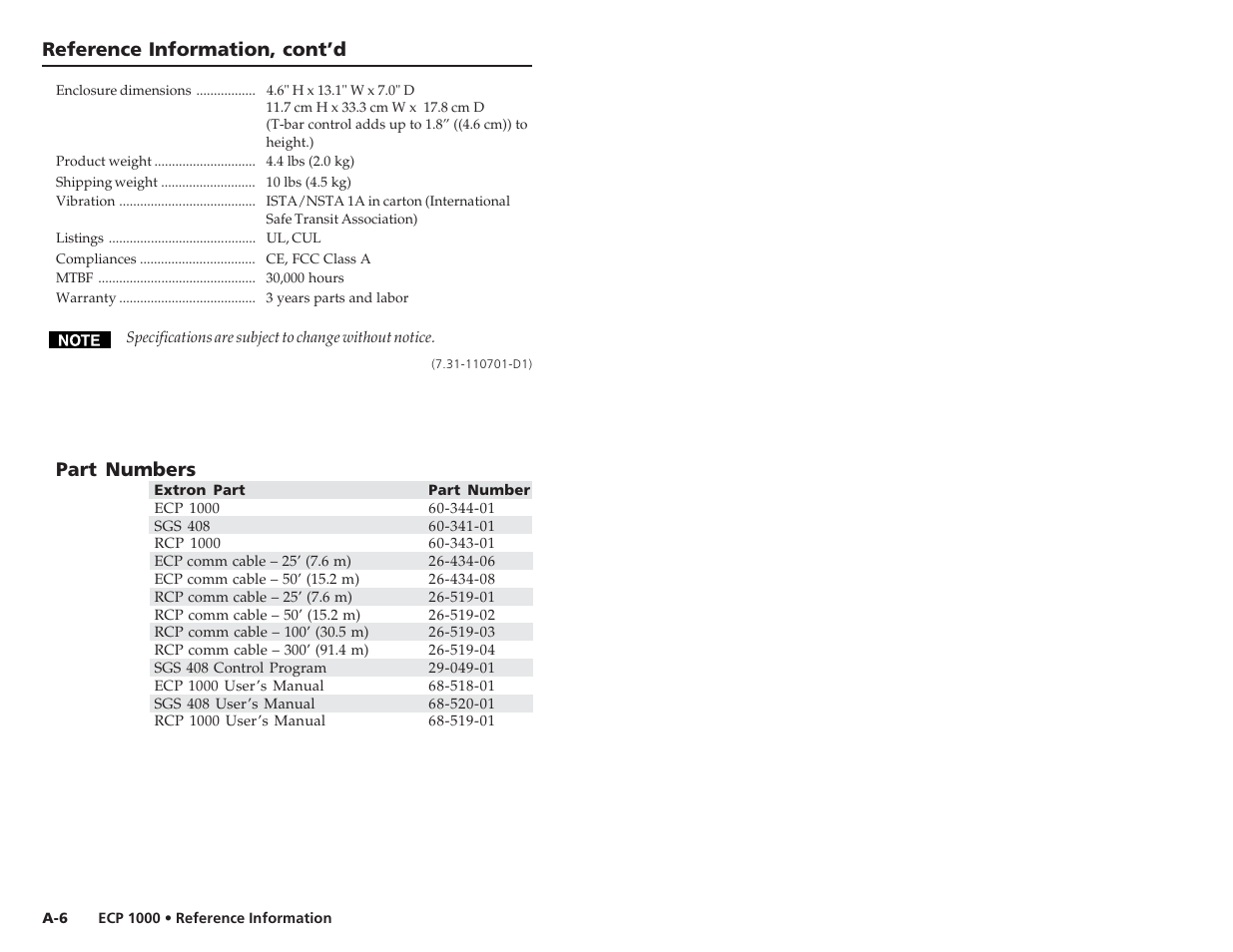 Reference information, cont’d, Part numbers | Extron Electronics ECP 1000 User Manual | Page 17 / 18