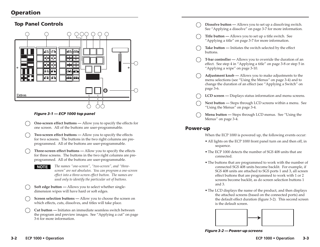 Operation, Operation, cont’d, Top panel controls | Power-up | Extron Electronics ECP 1000 User Manual | Page 7 / 18
