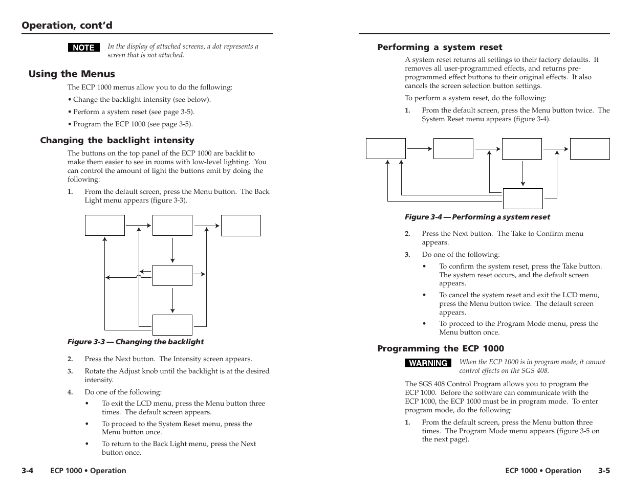 Operation, cont’d, Using the menus, Changing the backlight intensity | Performing a system reset, Programming the ecp 1000 | Extron Electronics ECP 1000 User Manual | Page 8 / 18