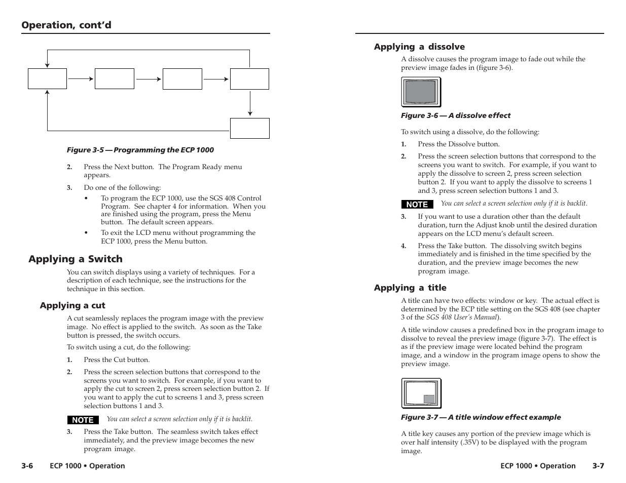 Operation, cont’d, Applying a switch, Applying a cut | Applying a dissolve, Applying a title | Extron Electronics ECP 1000 User Manual | Page 9 / 18
