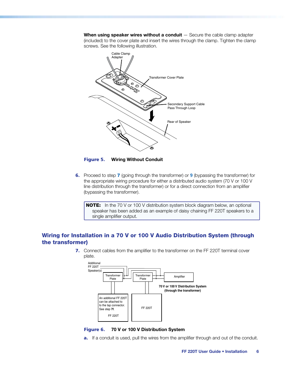 Wiring for installation in a 70 v or 100 v audio, Distribution system (through the transformer) | Extron Electronics FF 220T User Guide User Manual | Page 10 / 17