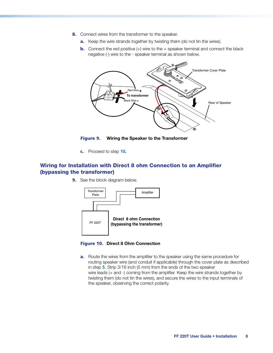 Wiring for installation with direct 8 ohm | Extron Electronics FF 220T User Guide User Manual | Page 12 / 17