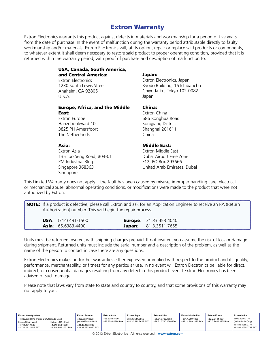 Warranty and contact information, Extron warranty | Extron Electronics FF 220T User Guide User Manual | Page 17 / 17