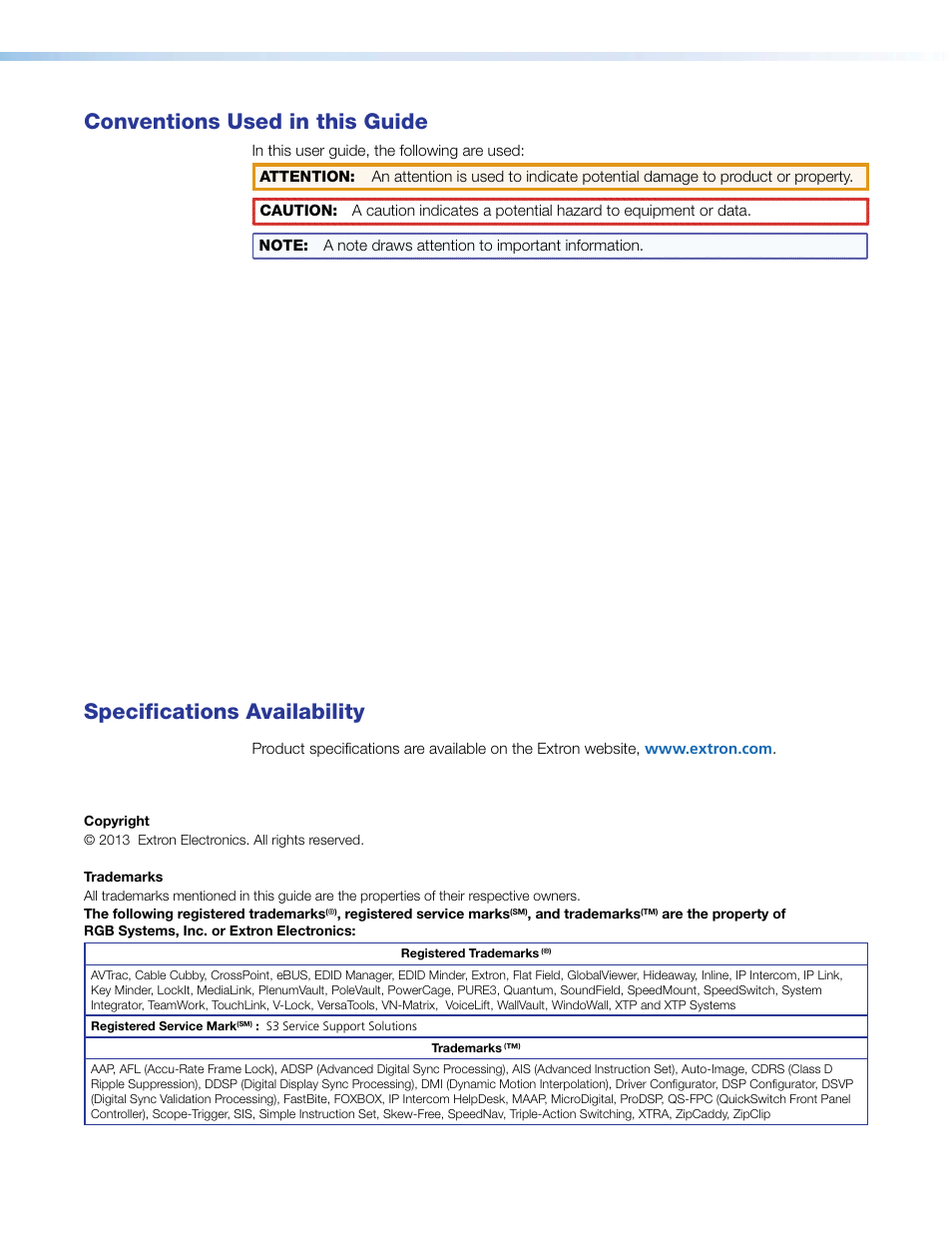 Conventions and specifications, Conventions used in this guide, Specifications availability | Extron Electronics FF 220T User Guide User Manual | Page 3 / 17