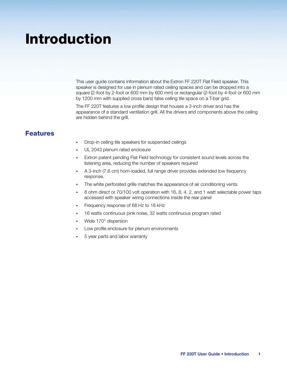 Ff 220t user guide, Introduction, Features | Extron Electronics FF 220T User Guide User Manual | Page 5 / 17