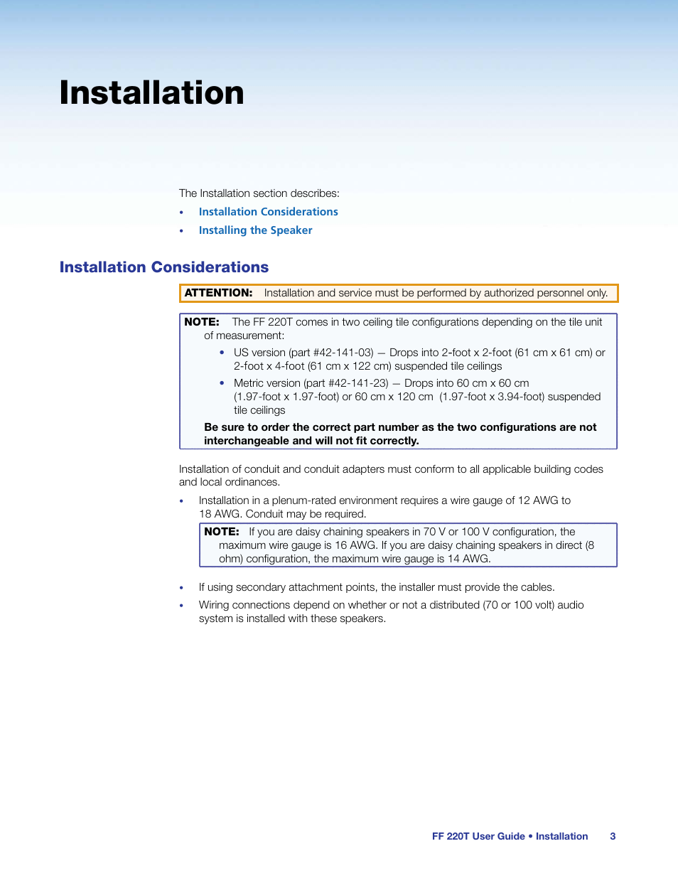 Installation, Installation considerations | Extron Electronics FF 220T User Guide User Manual | Page 7 / 17